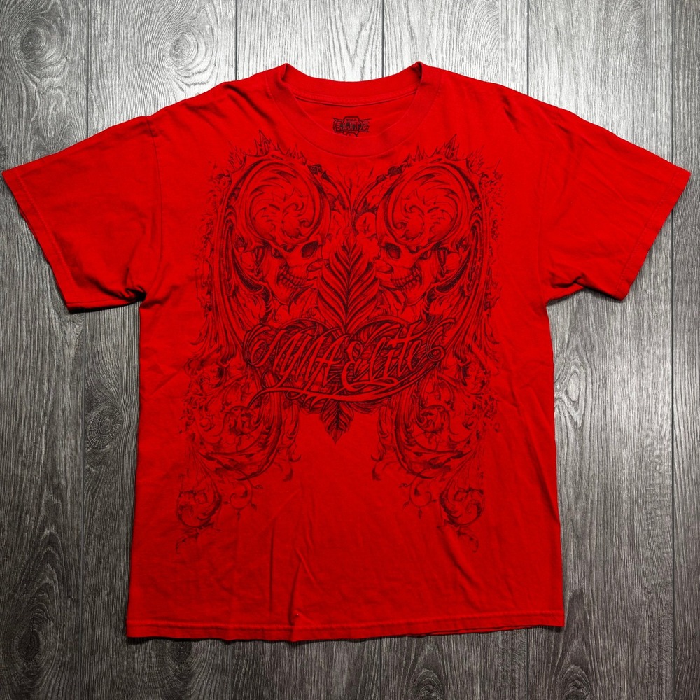 Vtg MMA Elite Mens Large Red Skull Y2k Graphic T-Shirt Short Sleeve Crew Neck